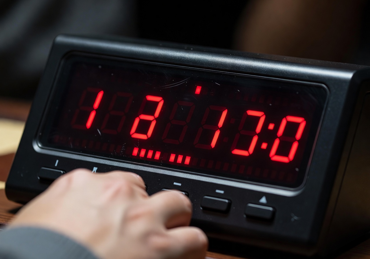 Close up of a digital chess clock indicating competitive time pressure