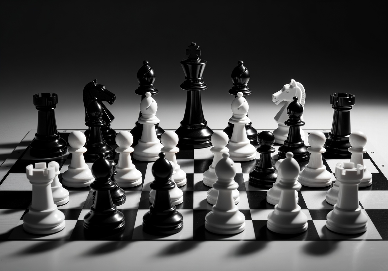 High contrast black and white chess board representing corporate chess structure