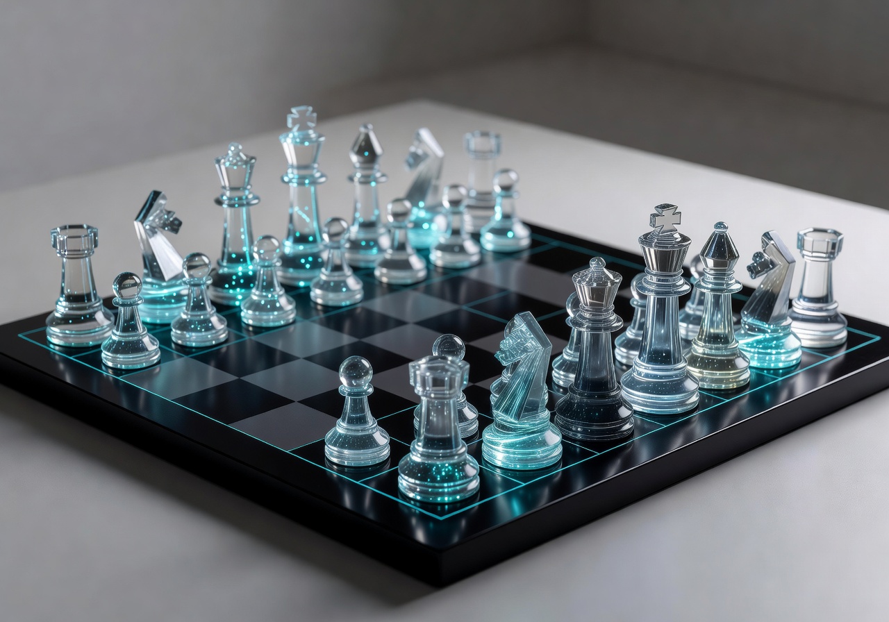 Sleek digital chess pieces representing open source continuous play